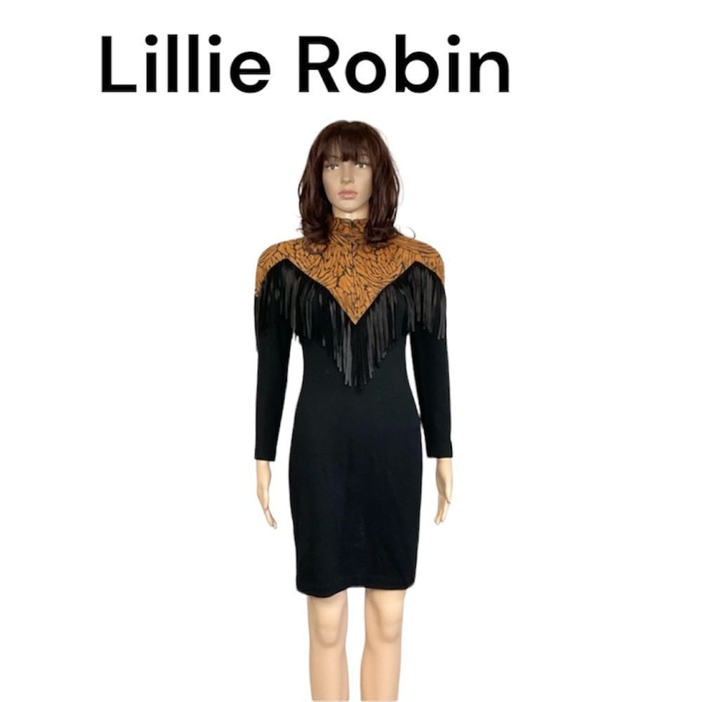Lillie Rubin Vintage Western Fringe Animal Print Suede Knit Black Mini Dress S